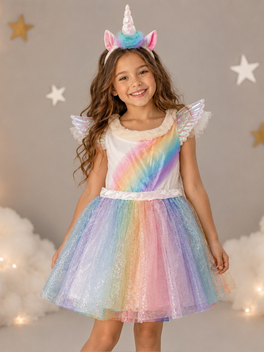 Girls RAINBOW UNICORN PEGASUS dress costume, girls L 10-12.
